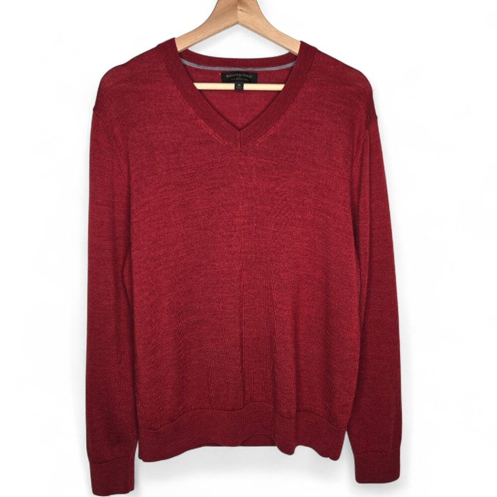 Banana Republic 100% Merino Wool Red‎ Sweater Men's V Neck Preppy Office M